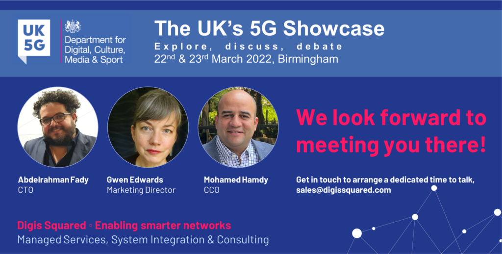 Digis Squared sponsors UK 5G Showcase 2022 - a blue background with text and 3 headshots