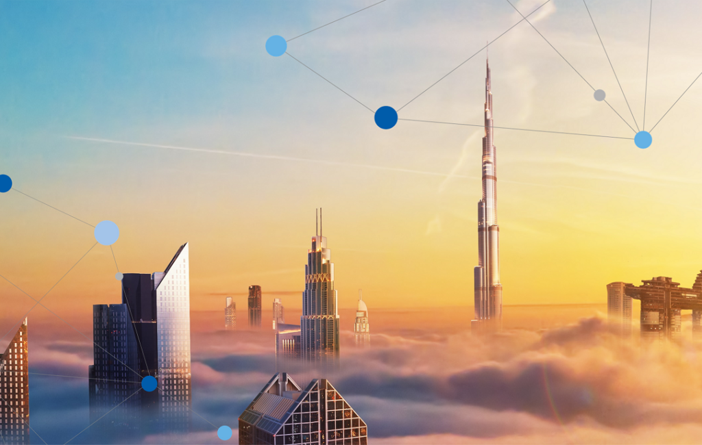 AI-native Network Slicing for 5G networks - a brightly coloured image of buildings emerging from cloud into the sun, overlaid with dots and lines