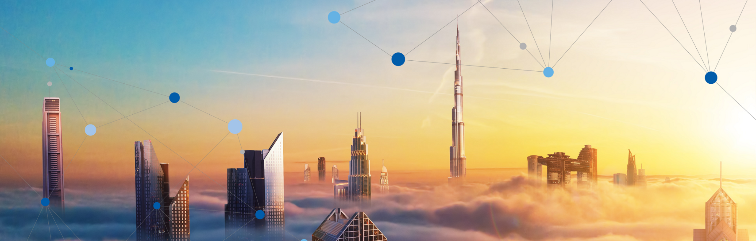 AI-native Network Slicing for 5G networks - a brightly coloured image of buildings emerging from cloud into the sun, overlaid with dots and lines