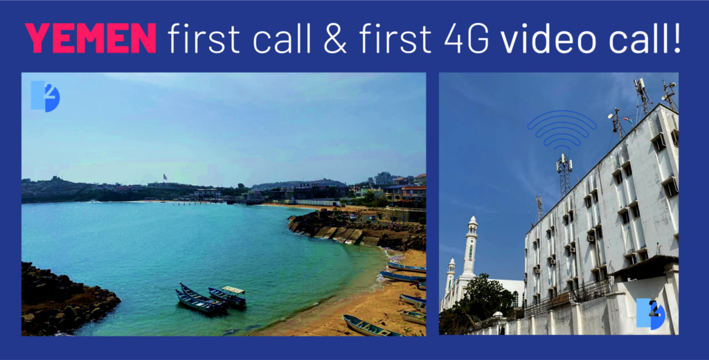 Two photo, on a blue background, with text. On the left, a small fishing port with a blue bay and blue sky, and on the right, white buildings below, and a beautiful blue sky above. Digis Squared Yemen Y-Tel First Call and First Video Call