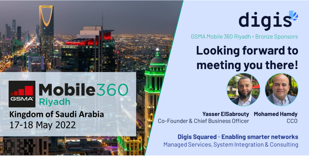 A rectangular split image, on the left, a city scape at night with tall buildings and bright yellow, red and green lights. Text is over the top. On the right, on a pale blue background, text, a logo, and a headshot of a man in a suit and white shirt. GSMA Mobile 360 Riyadh