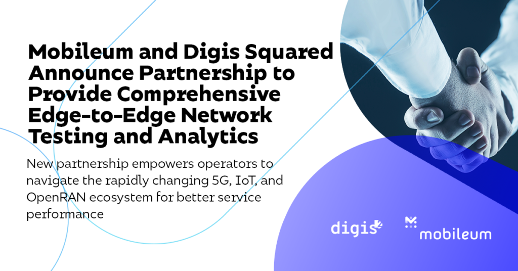 Mobileum and Digis Squared Announce Partnership: a graphic with a lot of text, some outlines of partial shapes, top right a partial image of two hands shaking, and bottom right, a transparent curved shape with two corporate logos